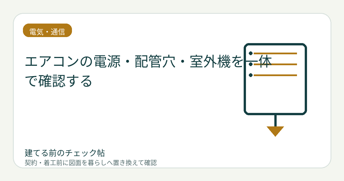 エアコンの電源・配管穴・室外機を一体で確認する｜カーテンや外構との干渉を防ぐの図面チェックイメージ